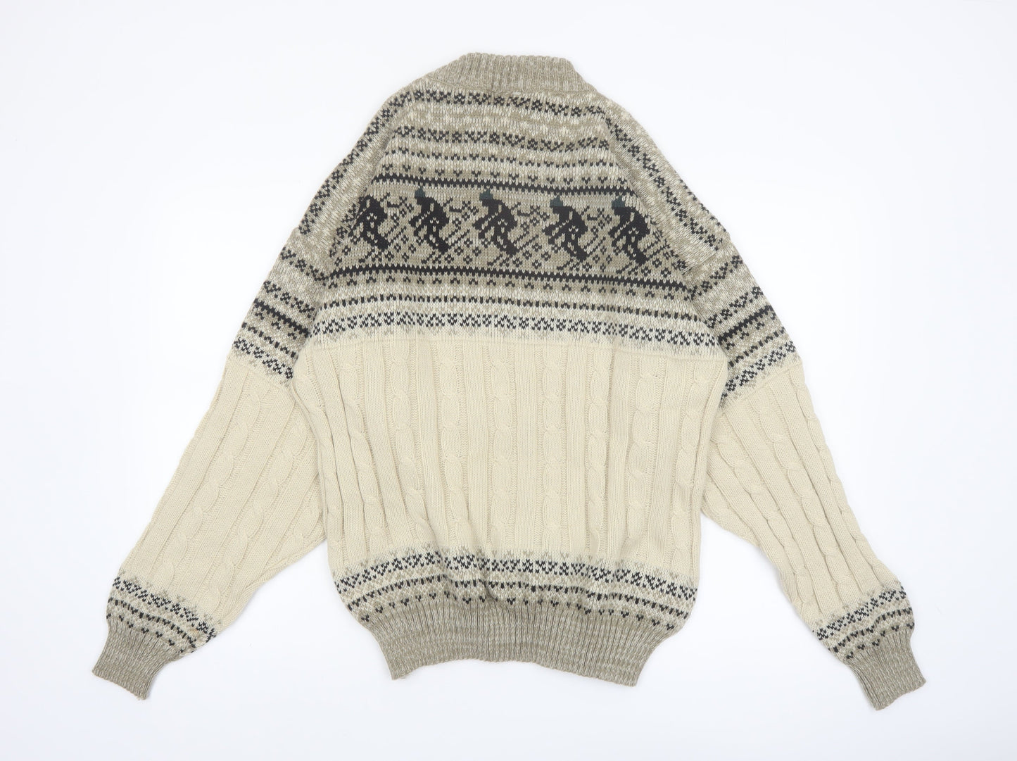 Comfort Zone Men’s Beige Fair Isle Cable-Knit Pullover Jumper XL
