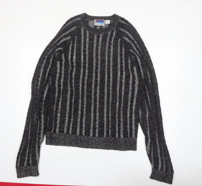 Sweater Graphix Men's Black Striped Acrylic Crew Neck Jumper L Vintage
