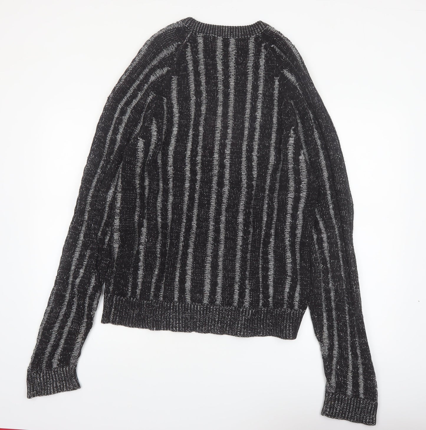 Sweater Graphix Men's Black Striped Acrylic Crew Neck Jumper L Vintage