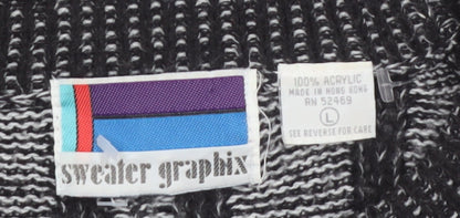 Sweater Graphix Men's Black Striped Acrylic Crew Neck Jumper L Vintage