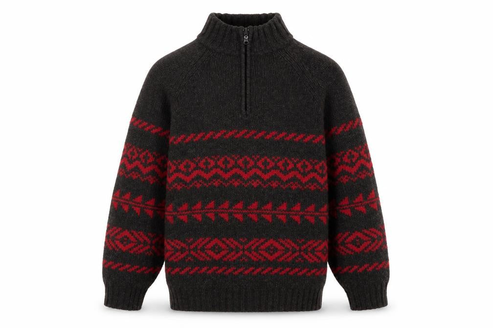 R&R Mens Black Red Fair Isle Half Zip Wool Blend Jumper M