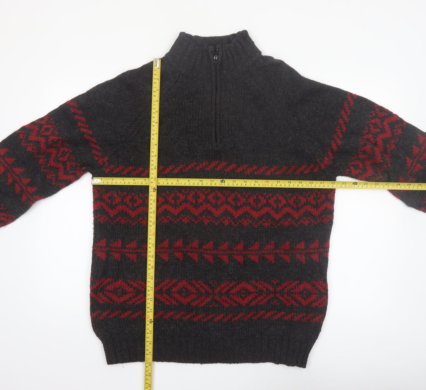 R&R Mens Black Red Fair Isle Half Zip Wool Blend Jumper M