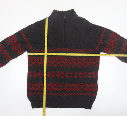 R&R Mens Black Red Fair Isle Half Zip Wool Blend Jumper M