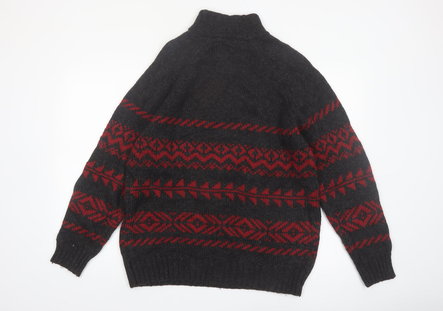 R&R Mens Black Red Fair Isle Half Zip Wool Blend Jumper M