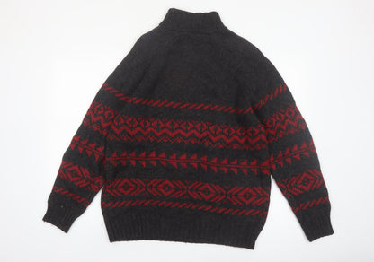 R&R Mens Black Red Fair Isle Half Zip Wool Blend Jumper M