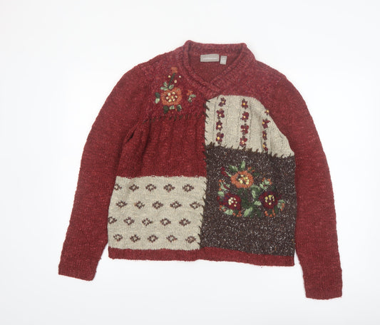Croft & Barrow Women Red Patchwork Floral Embroidered Knit Jumper Size M