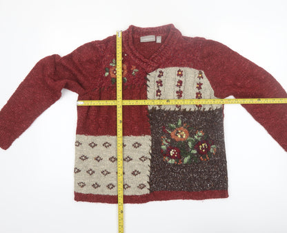 Croft & Barrow Women Red Patchwork Floral Embroidered Knit Jumper Size M