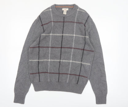 Dockers Men's Grey Check Cotton Crew Neck Pullover Jumper Medium