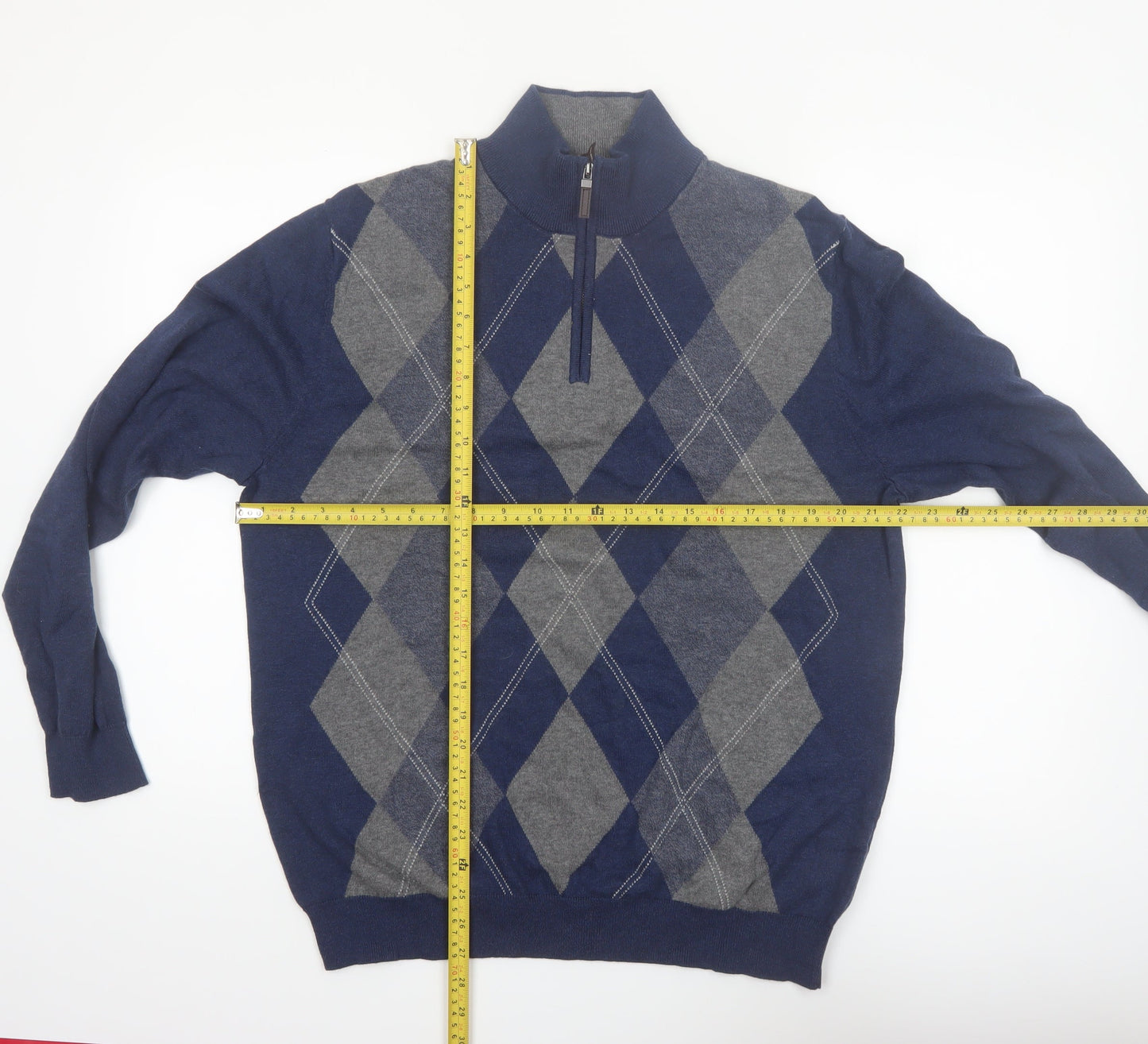 Tasso Elba Men’s Blue Argyle Cotton 1/2 Zip Jumper Size L