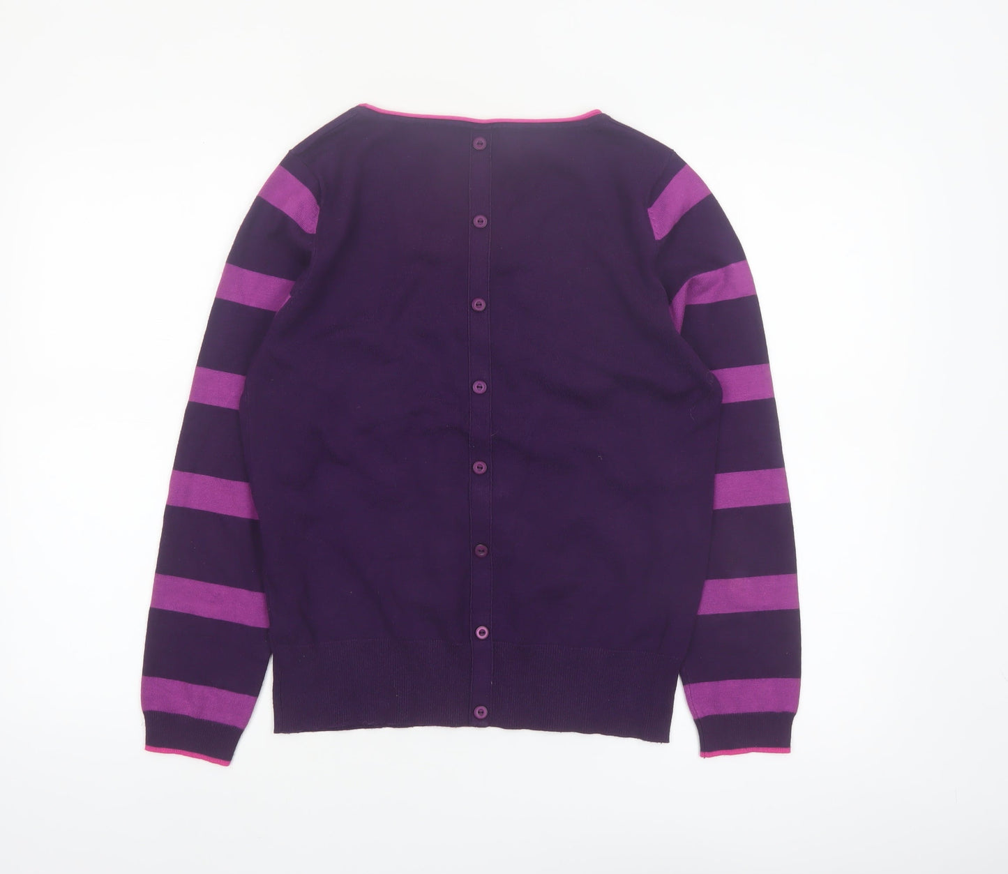 M&Co Women Purple Striped Button Back Long Sleeve Knit Cardigan Size 14