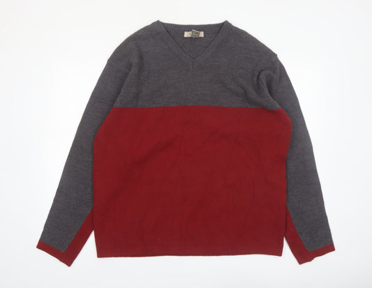 Retreat Men's Grey Red V-Neck Acrylic Pullover Jumper L
