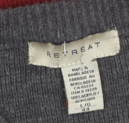 Retreat Men's Grey Red V-Neck Acrylic Pullover Jumper L