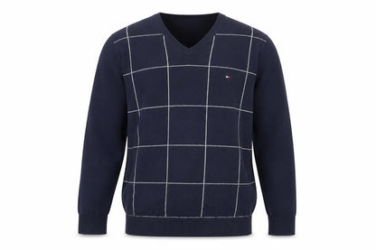 Tommy Hilfiger Men’s Blue V-Neck Check Cotton Pullover Jumper Size L