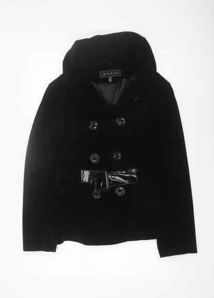 Giacca Women's Black Velvet Short Belted Pea Coat Jacket L