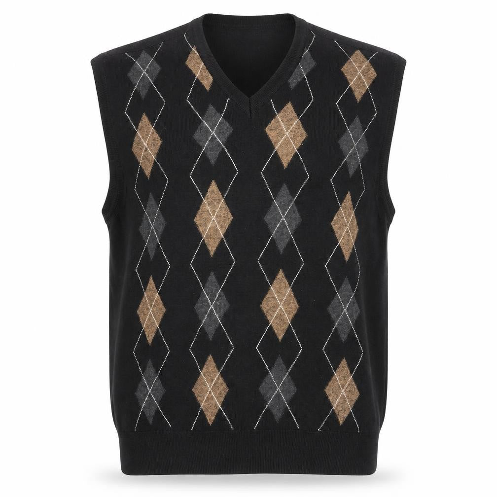 Gianni De Luca Men's Black Argyle Wool Blend V-Neck Vest XL