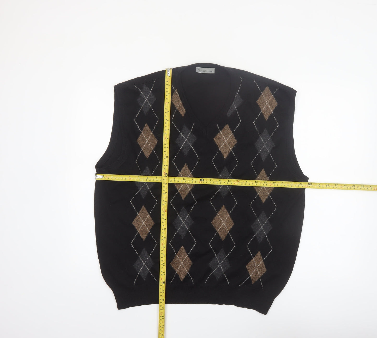 Gianni De Luca Men's Black Argyle Wool Blend V-Neck Vest XL