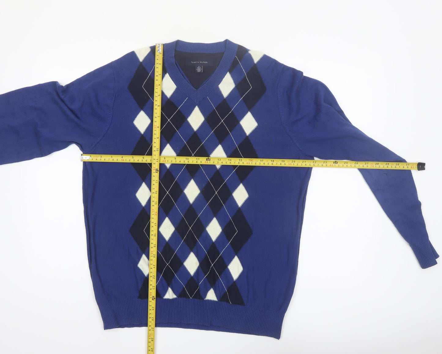 Tommy Hilfiger Men's Blue Argyle V-Neck Cotton Jumper Size M