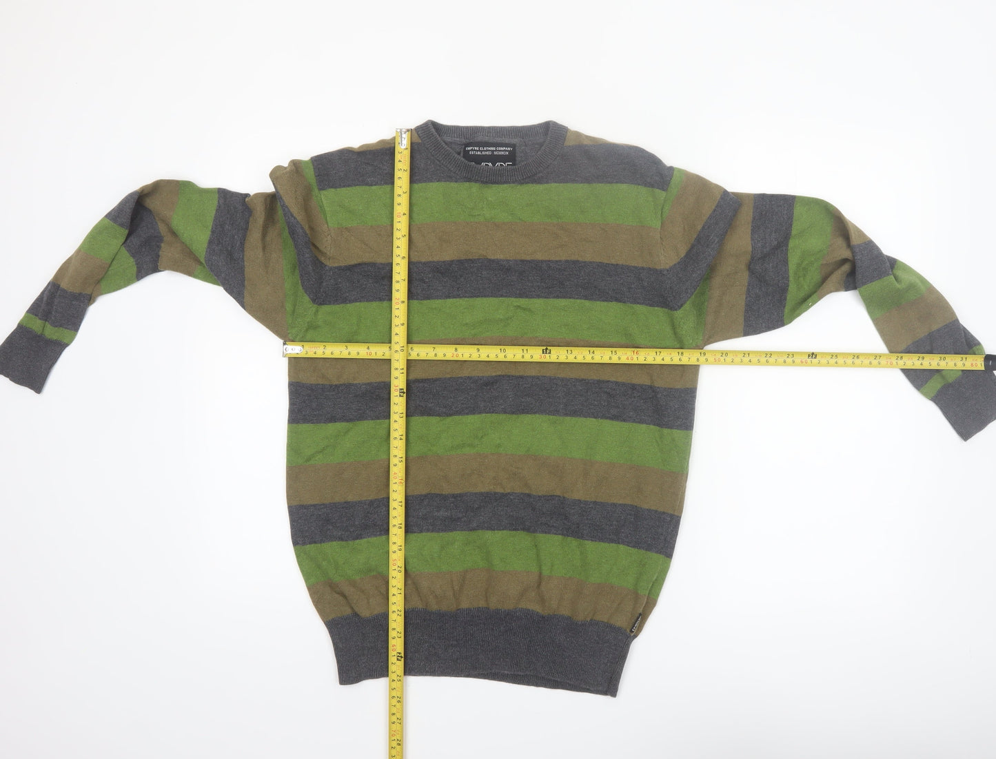 Empyre Men's Grey Green Brown Striped Cotton Pullover Jumper Size S