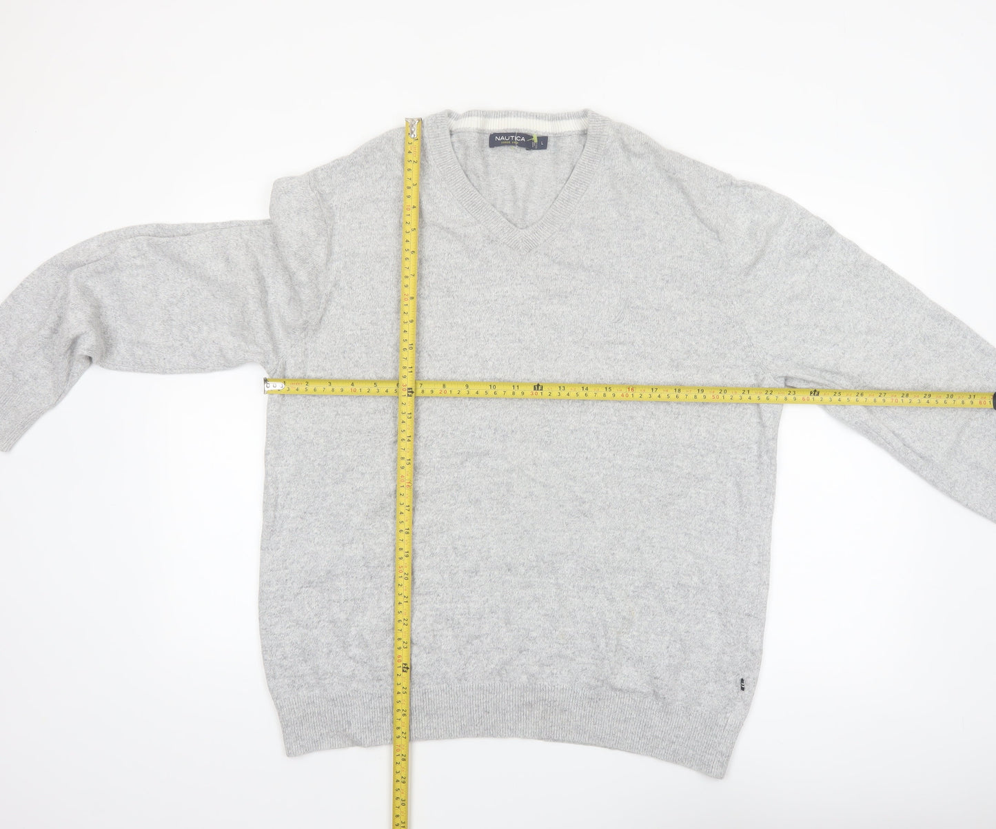 Nautica Mens Grey Cotton V-Neck Knit Jumper Size L