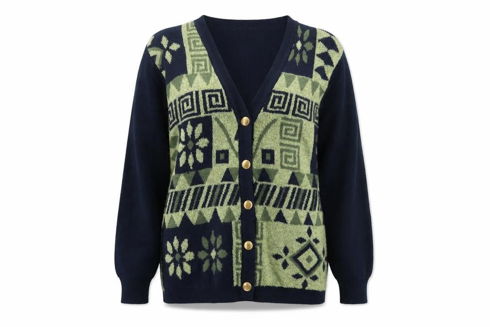 Collection Hip Design Women's Blue Geometric Wool Blend Cardigan Size 14