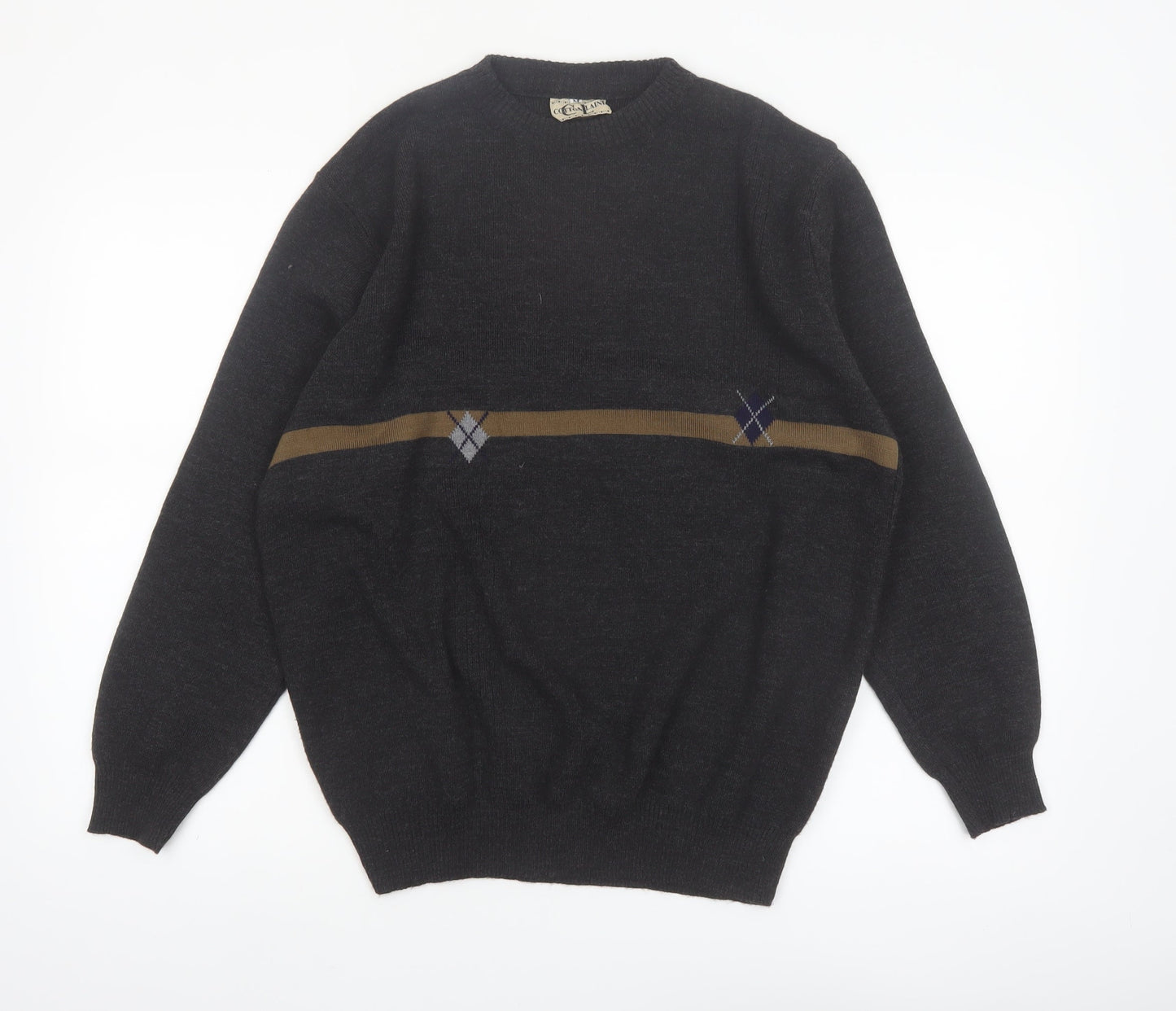 Cotton Laine Men's Black Wool Argyle Crew Neck Jumper M