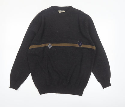 Cotton Laine Men's Black Wool Argyle Crew Neck Jumper M