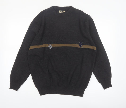Cotton Laine Men's Black Wool Argyle Crew Neck Jumper M