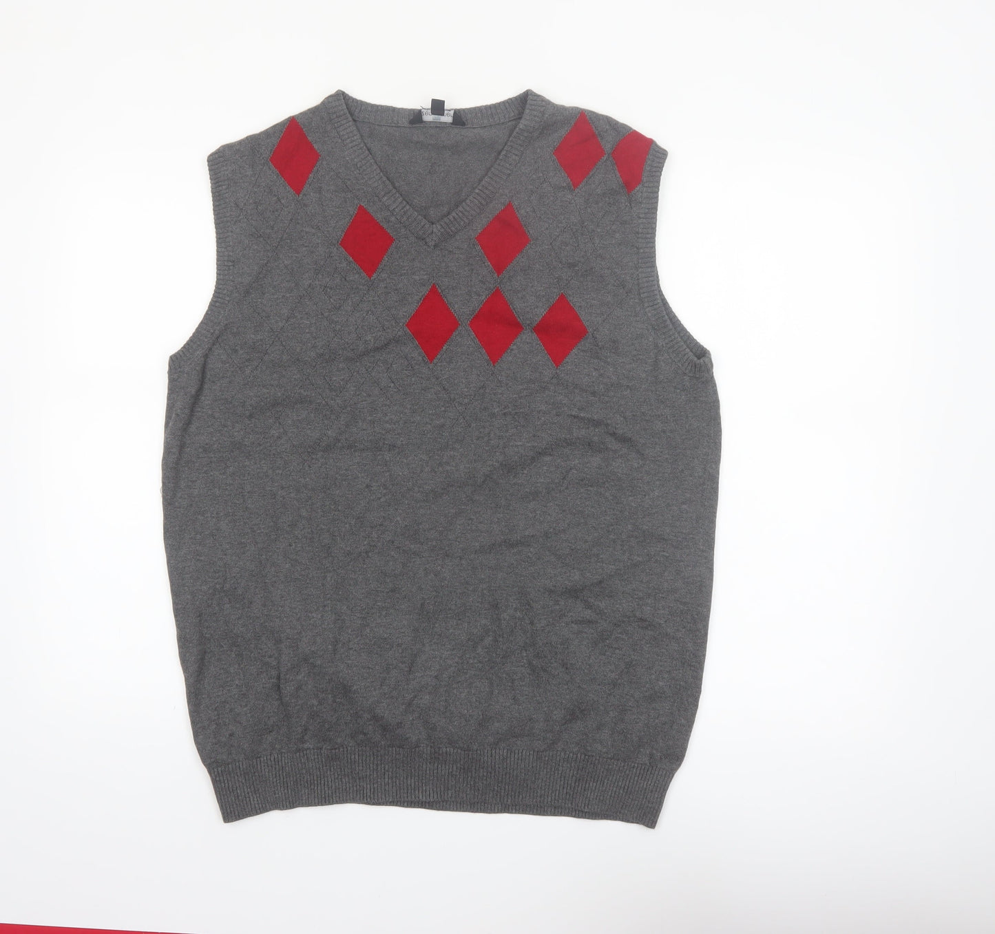 Zenformen Mens Grey Argyle Diamond Cotton Knit V-Neck Sweater Vest L