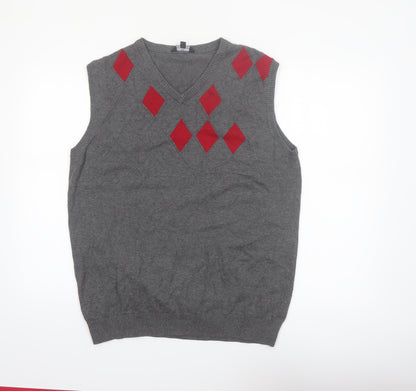 Zenformen Mens Grey Argyle Diamond Cotton Knit V-Neck Sweater Vest L