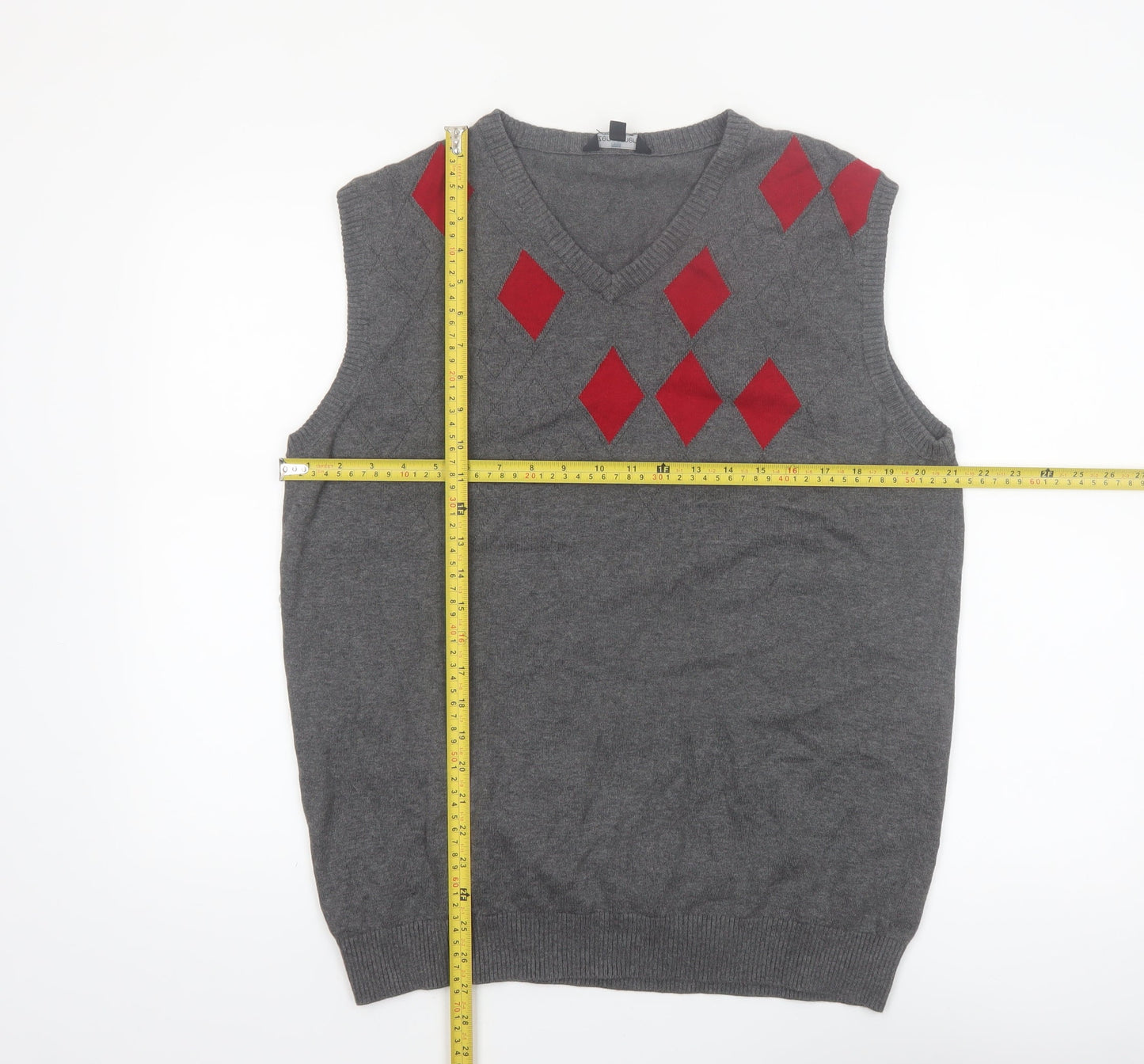 Zenformen Mens Grey Argyle Diamond Cotton Knit V-Neck Sweater Vest L