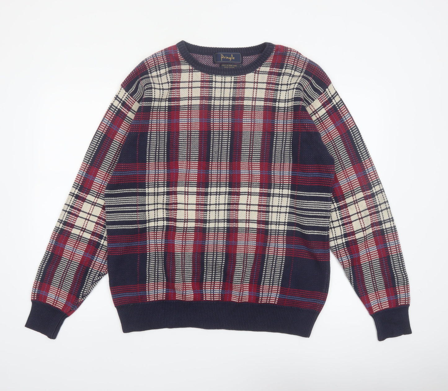 Pringle Men's Multicoloured Check Cotton Jumper L Crew Neck Vintage Knit
