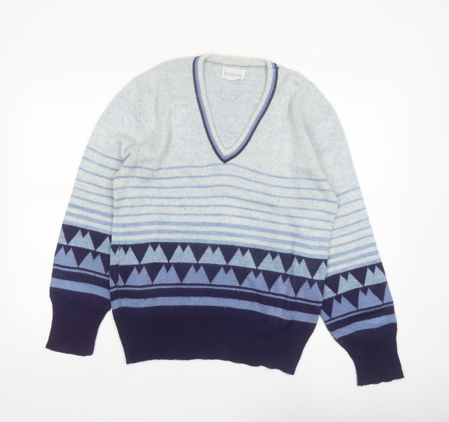 Damon Men's Blue Geometric Wool V-Neck Jumper Size M
