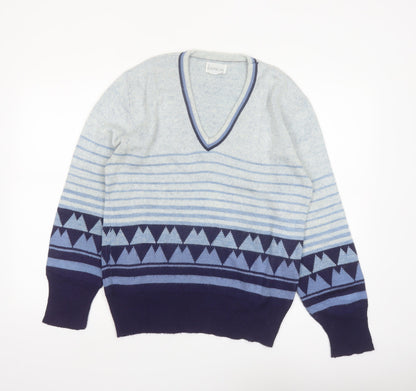 Damon Men's Blue Geometric Wool V-Neck Jumper Size M