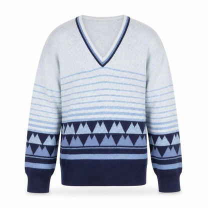 Damon Men's Blue Geometric Wool V-Neck Jumper Size M