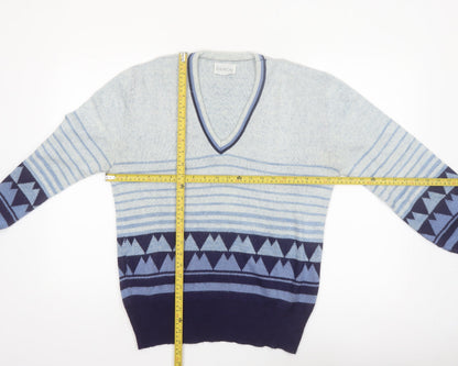 Damon Men's Blue Geometric Wool V-Neck Jumper Size M