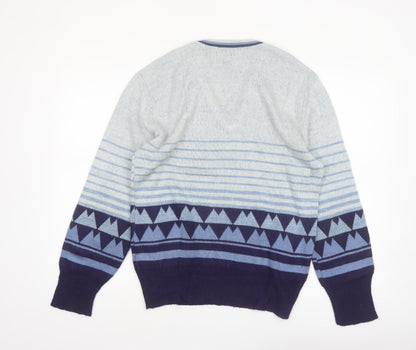 Damon Men's Blue Geometric Wool V-Neck Jumper Size M