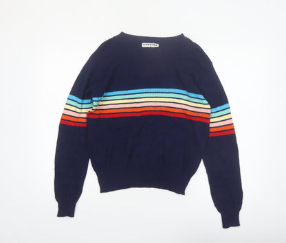 ECOWISH Women's Blue Rainbow Stripe Pullover Jumper M