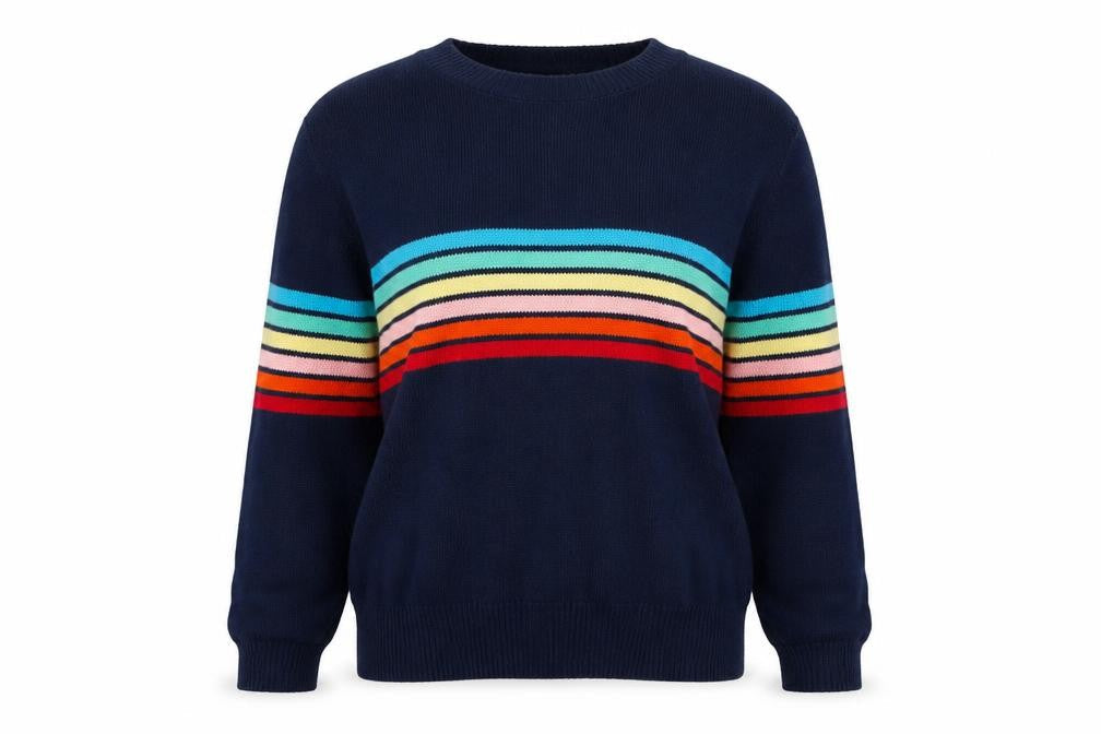 ECOWISH Women's Blue Rainbow Stripe Pullover Jumper M
