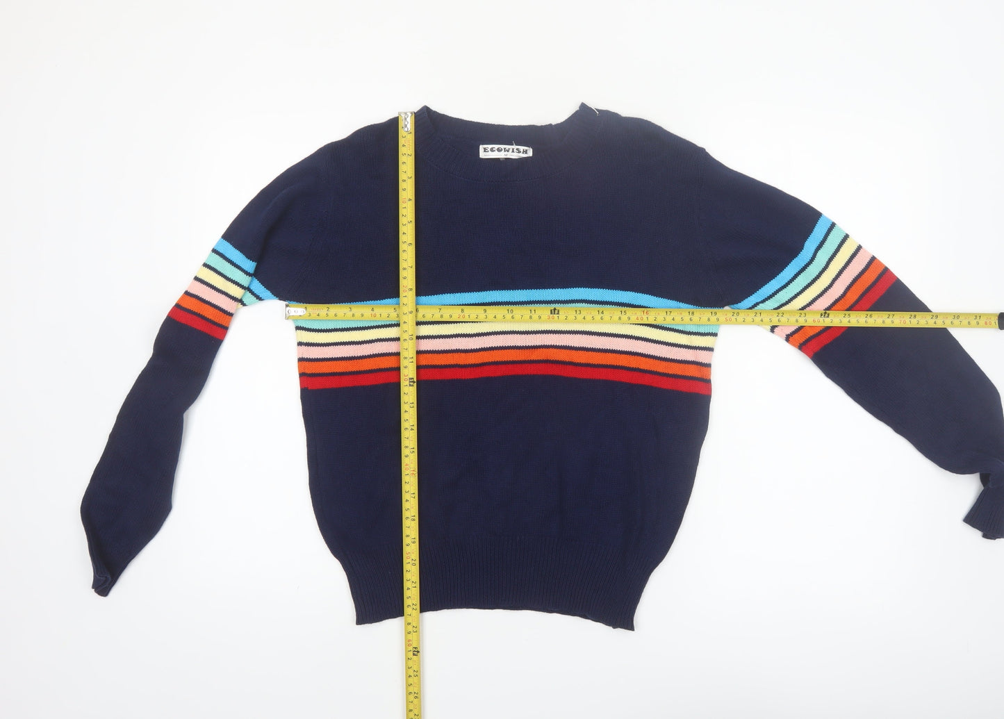 ECOWISH Women's Blue Rainbow Stripe Pullover Jumper M