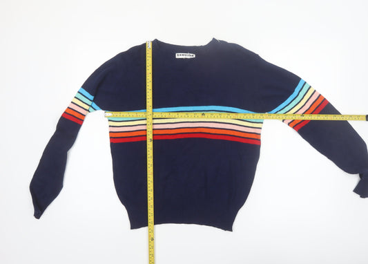 ECOWISH Women's Blue Rainbow Stripe Pullover Jumper M