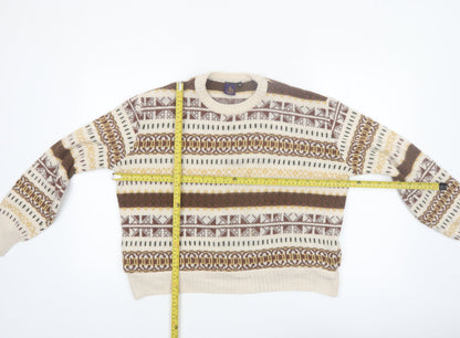 Beyond Retro Women Beige Fair Isle Wool Jumper XL