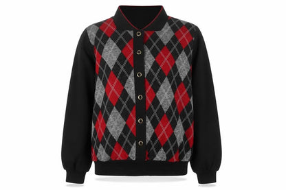 Alfred Dunner Petite M Women Black Red Argyle Knit Button Jacket