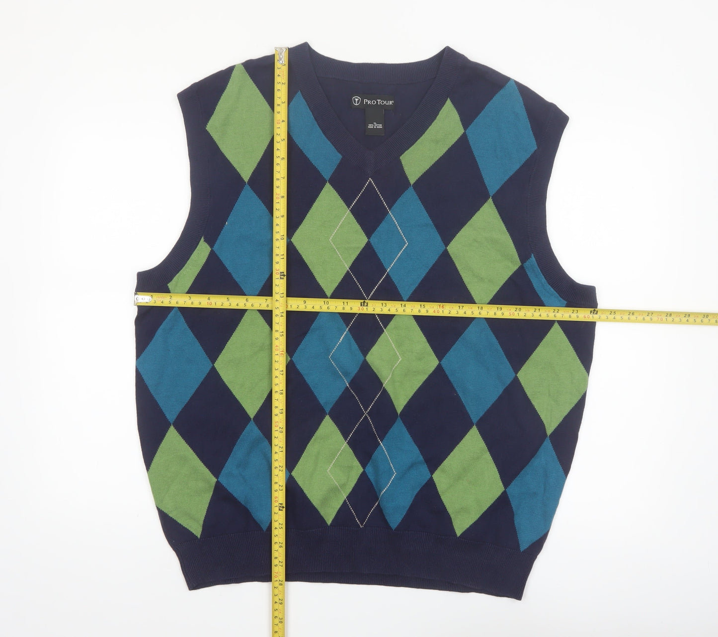 Pro Tour Men's Blue Argyle V-Neck Cotton Golf Vest XL