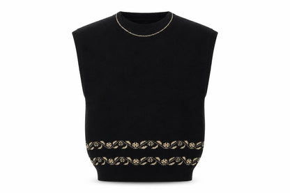 Sweater Bazaar Womens Black Sleeveless Knit Vest M Floral Detail