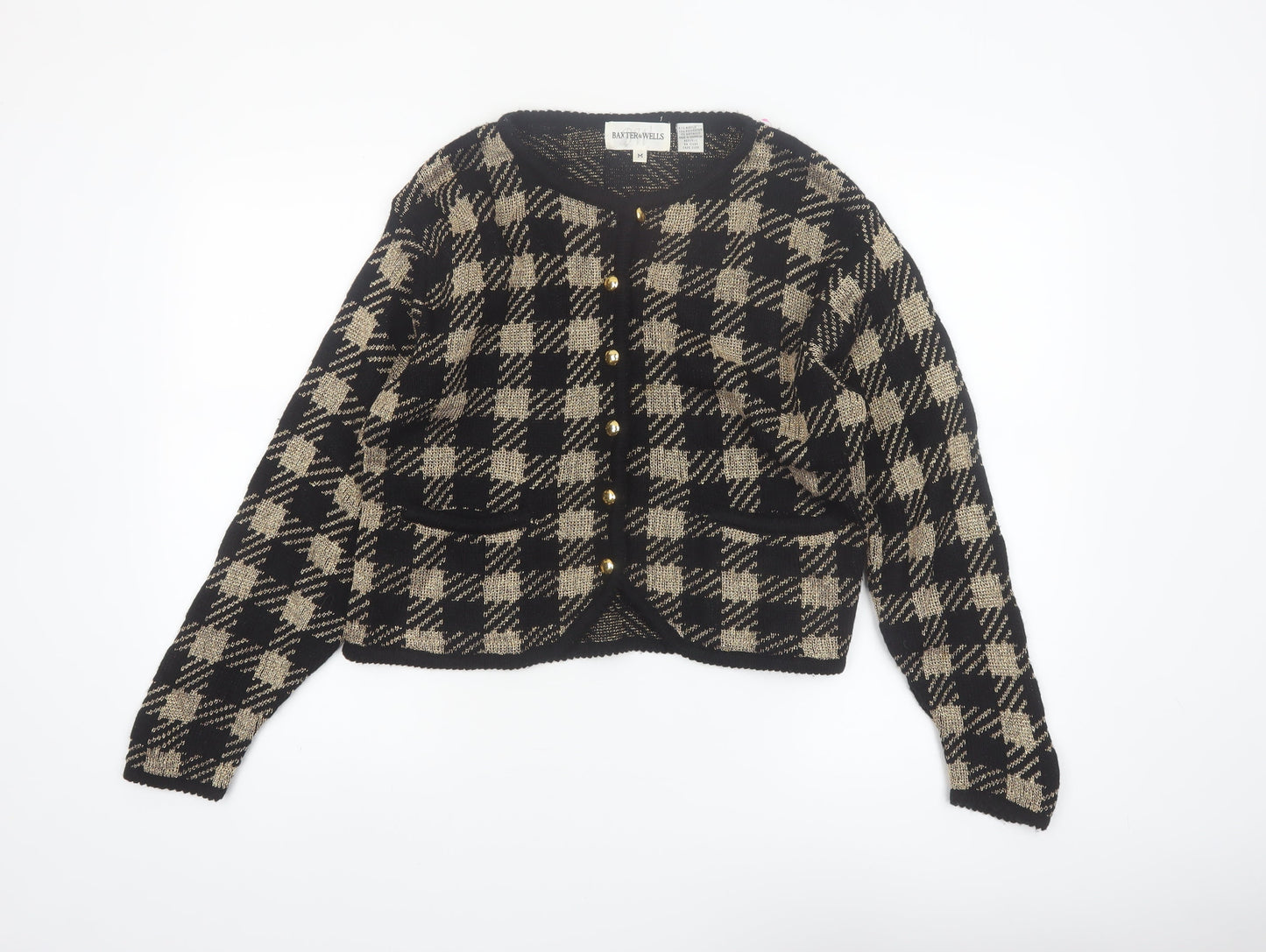 Baxter & Wells Womens Black Beige Plaid Cardigan M Acrylic Metallic Knit