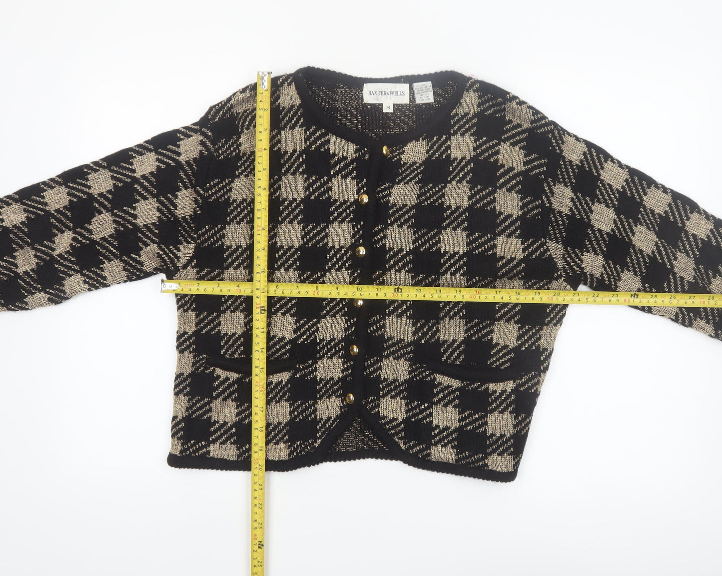 Baxter & Wells Womens Black Beige Plaid Cardigan M Acrylic Metallic Knit