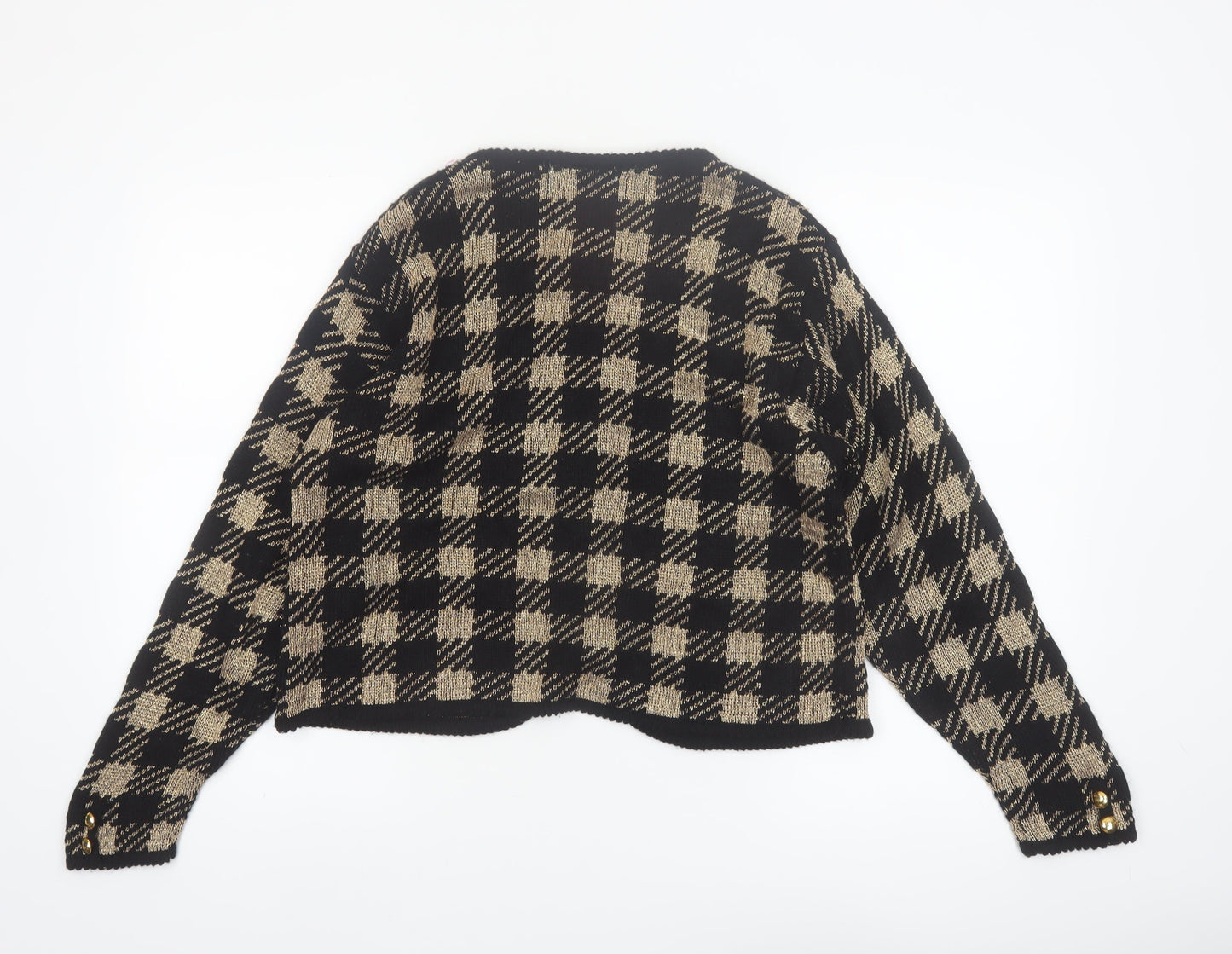Baxter & Wells Womens Black Beige Plaid Cardigan M Acrylic Metallic Knit