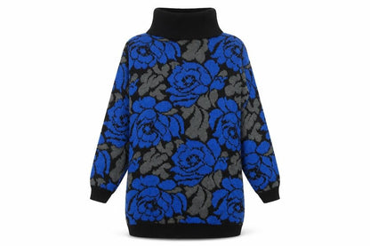 Gitano Women Blue Floral Roll Neck Long Sleeve Knit Jumper L