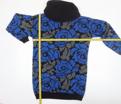 Gitano Women Blue Floral Roll Neck Long Sleeve Knit Jumper L