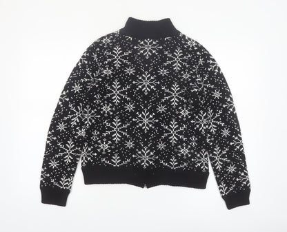 Valerie Stevens Womens Black Fair Isle Zip Up Wool Blend Jumper S